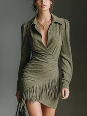 Olive Green Faux V-Neck Wrap Mini Dress