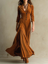 Brown Retro Suit Collar Long Dress