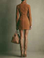 Brown Faux Stand Collar Zipper Mini Dress