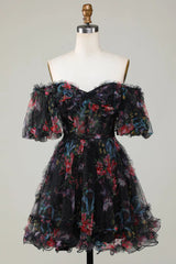 A Line Off Shoulder Fuchsia Short Homecoming Dress with Short Sleeves