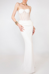 Veiled Corset Maxi Dress in White