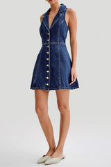 Collared Denim Mini Dress - Dark Blue