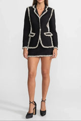 Trim Blazer Matching Mini Skirt Set - Black