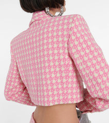 Embellished Checked Wool-Blend Blazer Set in Pink
