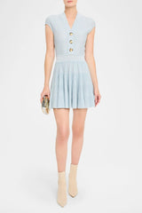 Short-Sleeve Flechage Knit Flare Mini Dress in Blue