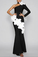 One Shoulder 3D Flower Bandage Maxi Dress in Black