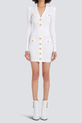 V-Neck Button-Detail Ribbed Mini Dress in White