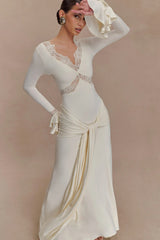 V-Neck Lace See-Through Maxi Dress in White