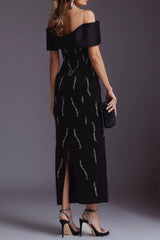 Off-Shoulder Rhinestone Bandage Maxi Dress in Black