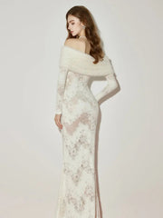 Off-Shoulder Fur Collar Long Sleeve Lace Maxi Dress in White