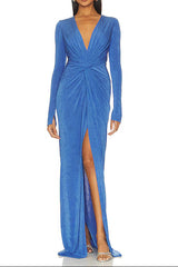 Blue Long Sleeve High Maxi Dress