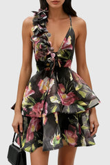 Floral Ruffle Mini Dress - Black