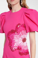 Sequin Flower Embellished Puff Sleeve Midi Dress in Pink