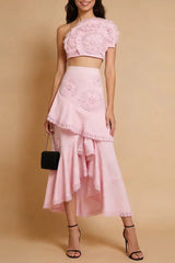 Ruffled Top Floral Embroidered Skirt Set - Pink