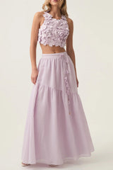 Flower Shell Top Maxi Skirt Set in Purple