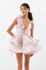 3D Flower Ruffle Mini Dress in Pink