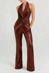 Brown Sequin Deep V High Waist Jumpsuit
