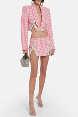 Embellished Checked Wool-Blend Blazer Set in Pink