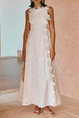 Lace Trim Embroidery Hollow Midi Dress in White