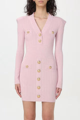 V-Neck Metal Button Knitted Mini Dress in Pink