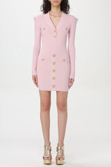 V-Neck Metal Button Knitted Mini Dress in Pink