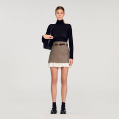 Mini Skirt with Frill With Belt in Brown