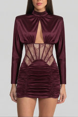 Satin Mini Dress with Lace Corset Insert �Burgundy
