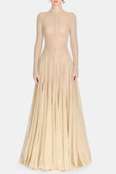 Beige Mesh Long Sleeve Slim Maxi Dress