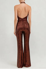 Brown Sequin Deep V High Waist Jumpsuit