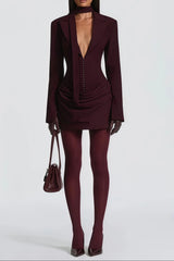 V-Neck Ruched Blazer Mini Dress in Wine Red