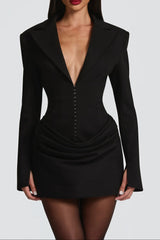 V-Neck Ruched Blazer Mini Dress in Black