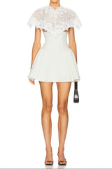 White Mini Dress with Embroidered Lace Cape