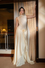 Flower Embellished Sleeveless Lace Maxi Dress in White