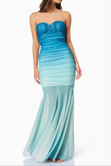 Gradient Mesh Splicing Bodycon Maxi Dress In Blue
