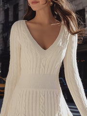 Cozy Cable Knit Sweater Dress With V-Neck And Flare Hem