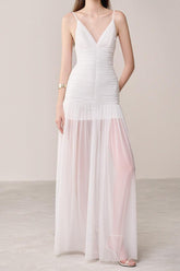 Drop Waist Strap Organza Maxi Dress in white