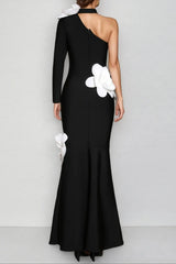 One Shoulder 3D Flower Bandage Maxi Dress in Black