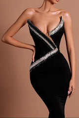 Off-Shoulder Rhinestone Maxi Dress in Black