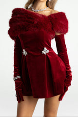 Long Sleeve Fur Mini Dress in Red