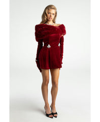 Long Sleeve Fur Mini Dress in Red
