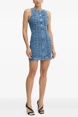 Buttoned Lace-Up Sleeveless Mini Dress in Navy Blue