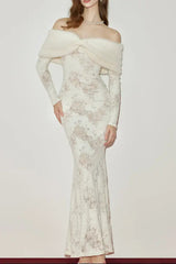 Off-Shoulder Fur Collar Long Sleeve Lace Maxi Dress in White