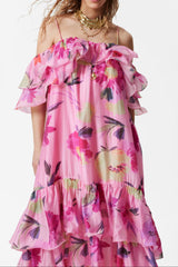 Off-Shoulder Floral Printed Ruffle Maxi Dress in Rose Red