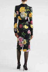 Rose Print Shirt Midi Dress in Black