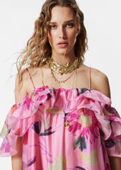 Off-Shoulder Floral Printed Ruffle Maxi Dress in Rose Red
