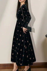 V-Neck Floral Embroidered Maxi Dress in black