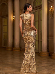 V-Neck Split Golden Sequin Dress