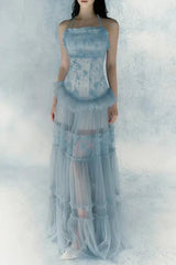 Lace Splicing Maxi Dress in Blue