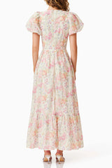 V-Neck Puff Sleeves Floral Maxi Dress in Pink