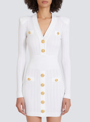 V-Neck Button-Detail Ribbed Mini Dress in White